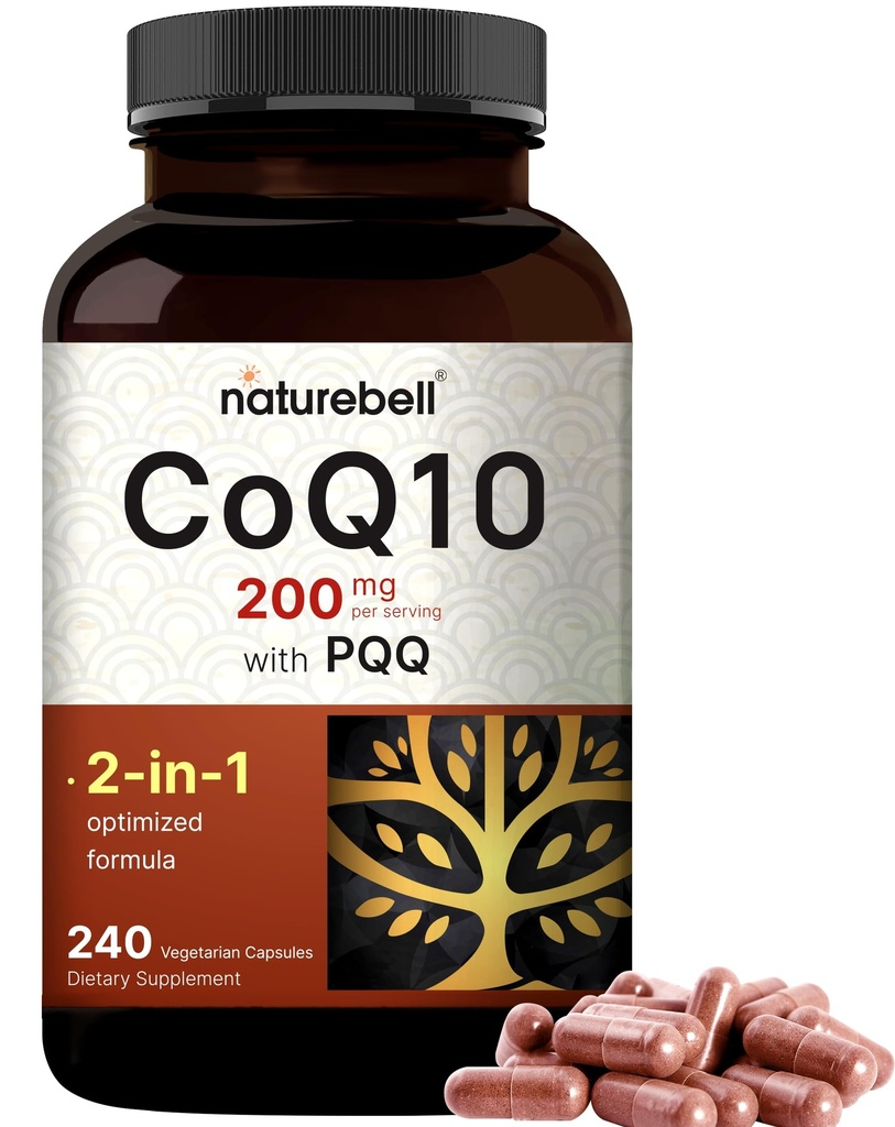 NatureBell CoQ10 200mg mit PQQ, 240 Veggie Kapseln | Stabile hohe Absorptionsform – Antioxidans Unterstützung für Herz, & Energie Gesundheit – Extra Strength Coenzym Q10 Supplement