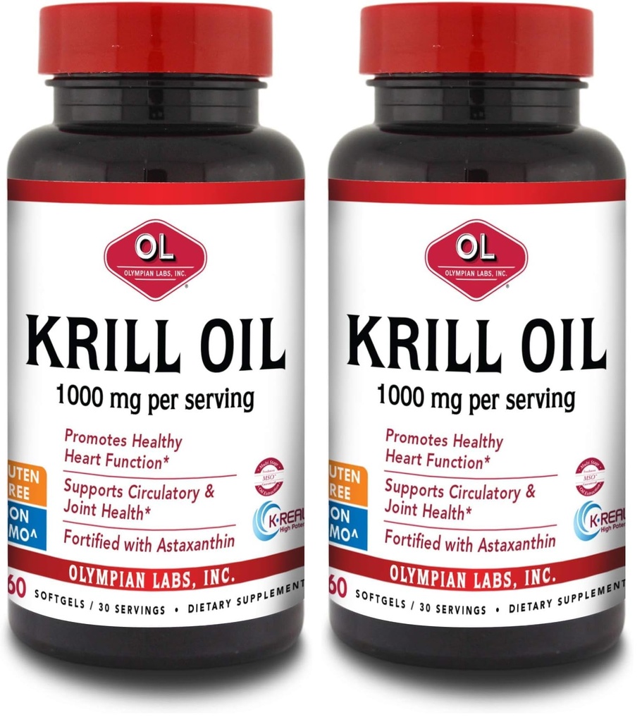 Olympian Labs Antarktis Krill Öl, 1000mg Caps mit Astaxanthin, Omega-3, EPA, DHA, Immun-, Gelenk- und Gehirnunterstützung, 60 Softgels (Pack von 2)
