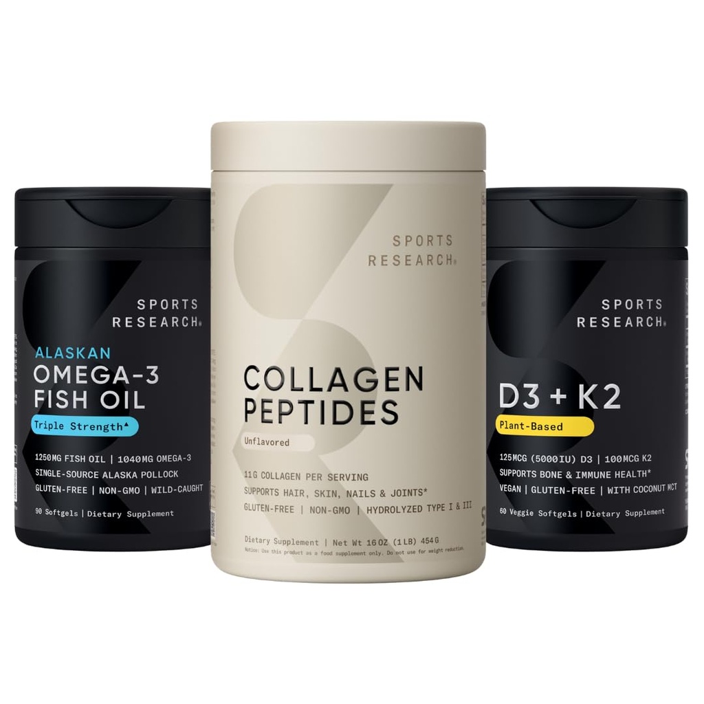 Pack multivitamines Sport Research® - Oméga 3 + Vitamine D3 K2 5000iu + Peptides de collagène