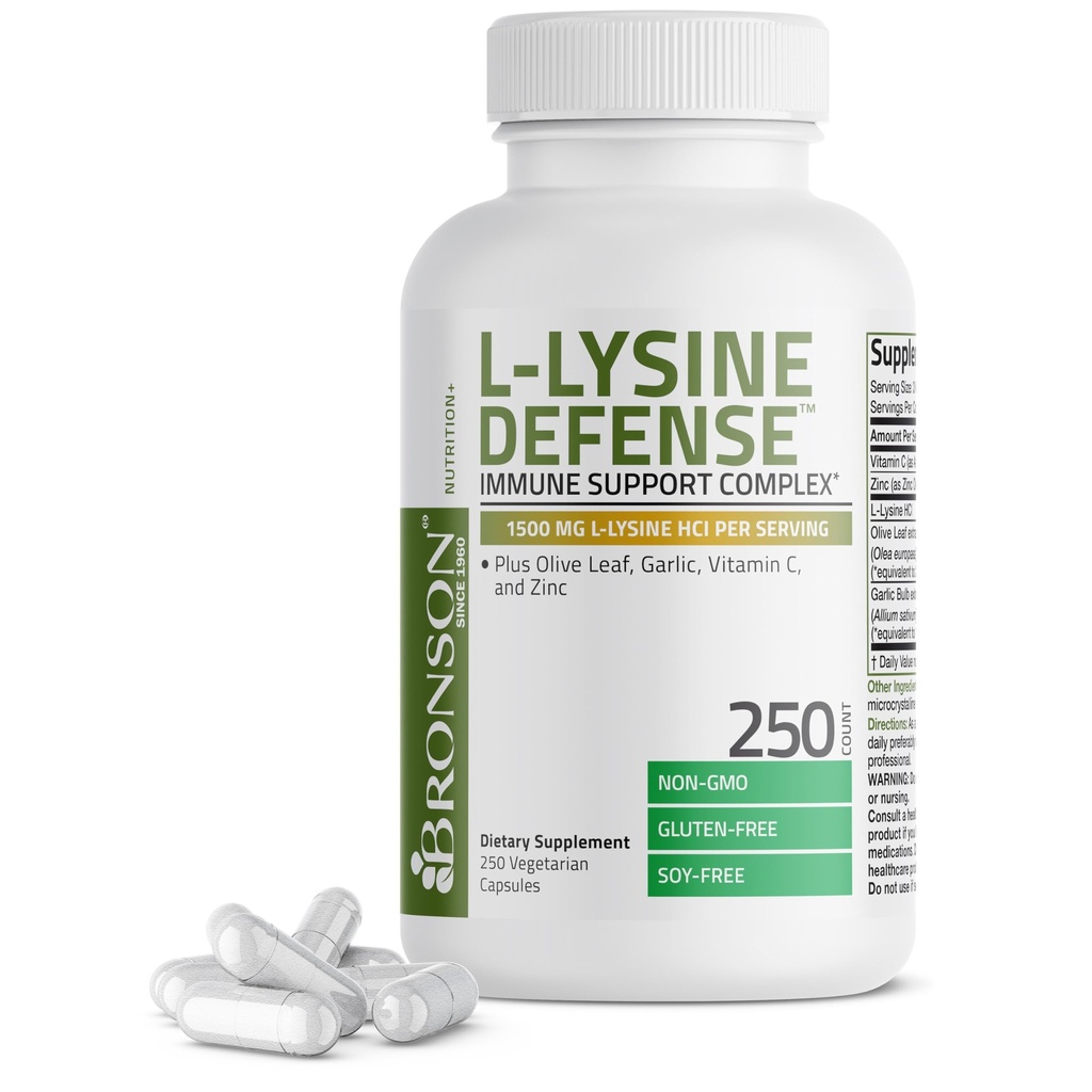 Bronson L-Lysine Defense Immune Support Complex 1500 MG L-Lysine Plus Olive Leaf, Knoblauch, Vitamin C und Zink - Non-GMO, 250 vegetarische Kapseln