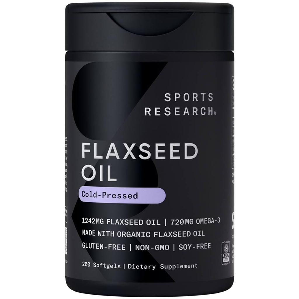 Recherche sportive Huile de lin Softgels 1242mg - Supplément Omega 3 basé sur la plante pour les femmes et les hommes - Non-OGM vérifié, sans soja et sans gluten (200 Nombre)