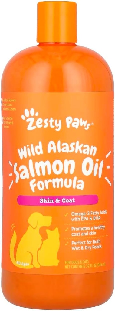 Zesty Paws Wild Alaskan Lachsöl für Hunde & Cats - Omega 3 Haut- & Coat-Unterstützung - Natürliche EPA & DHA, Fettsäuren für Gelenkfunktion, Immun- &amp; Herz-Gesundheit flüssige Nahrungsergänzung, 32 oz