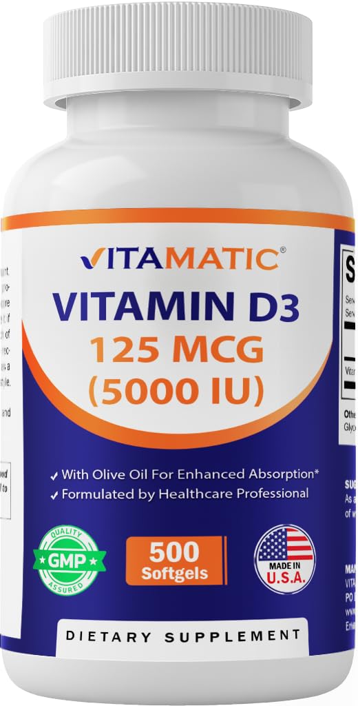 Vitamatic Vitamin D3 5000 IU (125 mcg) – 500 Mini Softgels Olive Oil-Based Formula – Kalt-Pressed – 500-Day Supply – Unterstützt Knochen, Muskel- und Immungesundheit – Non-GMO & Gluten-Free
