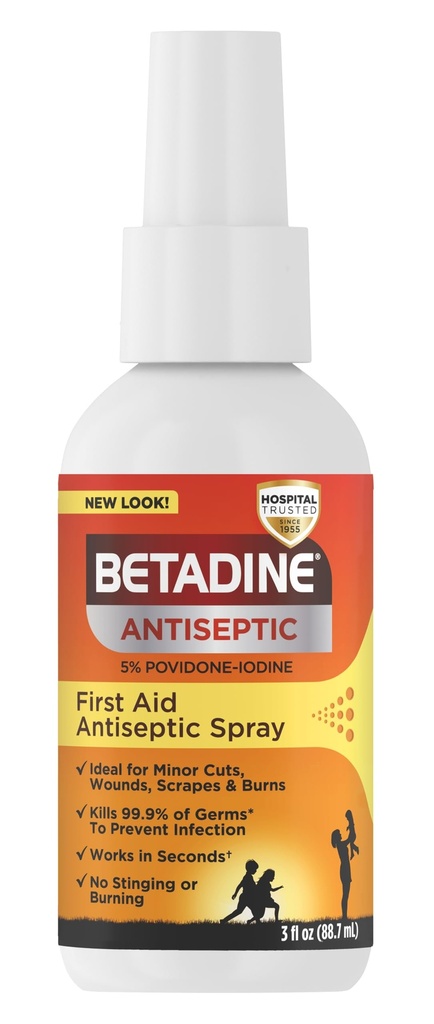 Vaporisateur antiseptique bétadine, Povidone-iode 5%, Protection contre les infections, Tue les germes dans les coupures mineures et les brûlures, Pas de promesse, Pas d'alcool ou de peroxyde d'hydrogène, 3 FL OZ