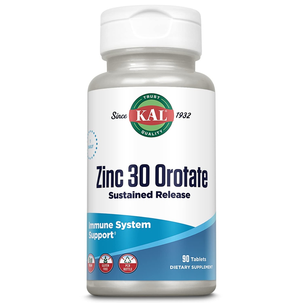 KAL Zink Orotate 30mg, Sustained Release, Chelat Zinktabletten, Immununterstützungsergänzung, Proteinsynthese, Stoffwechsel, Energieunterstützung, Vegan, Glutenfrei, 60-Tage Garantie, 90 Servierungen, 90 Tabletten