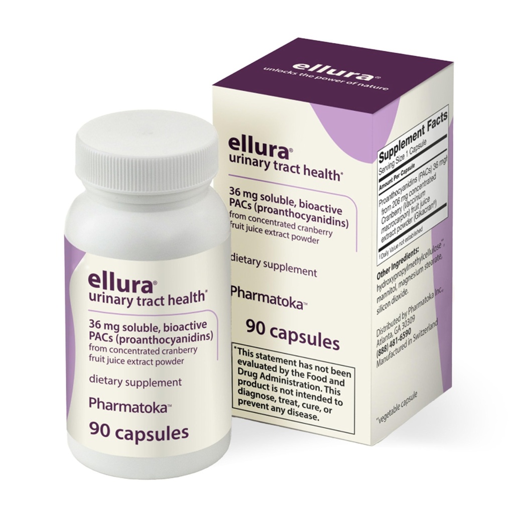 ellura 36 mg Clinically Backed Soluble, Bioactive PACs – 100% Concentrated Cranberry Fruit Juice Extract, for Urinary Tract Health, 90 Capsules