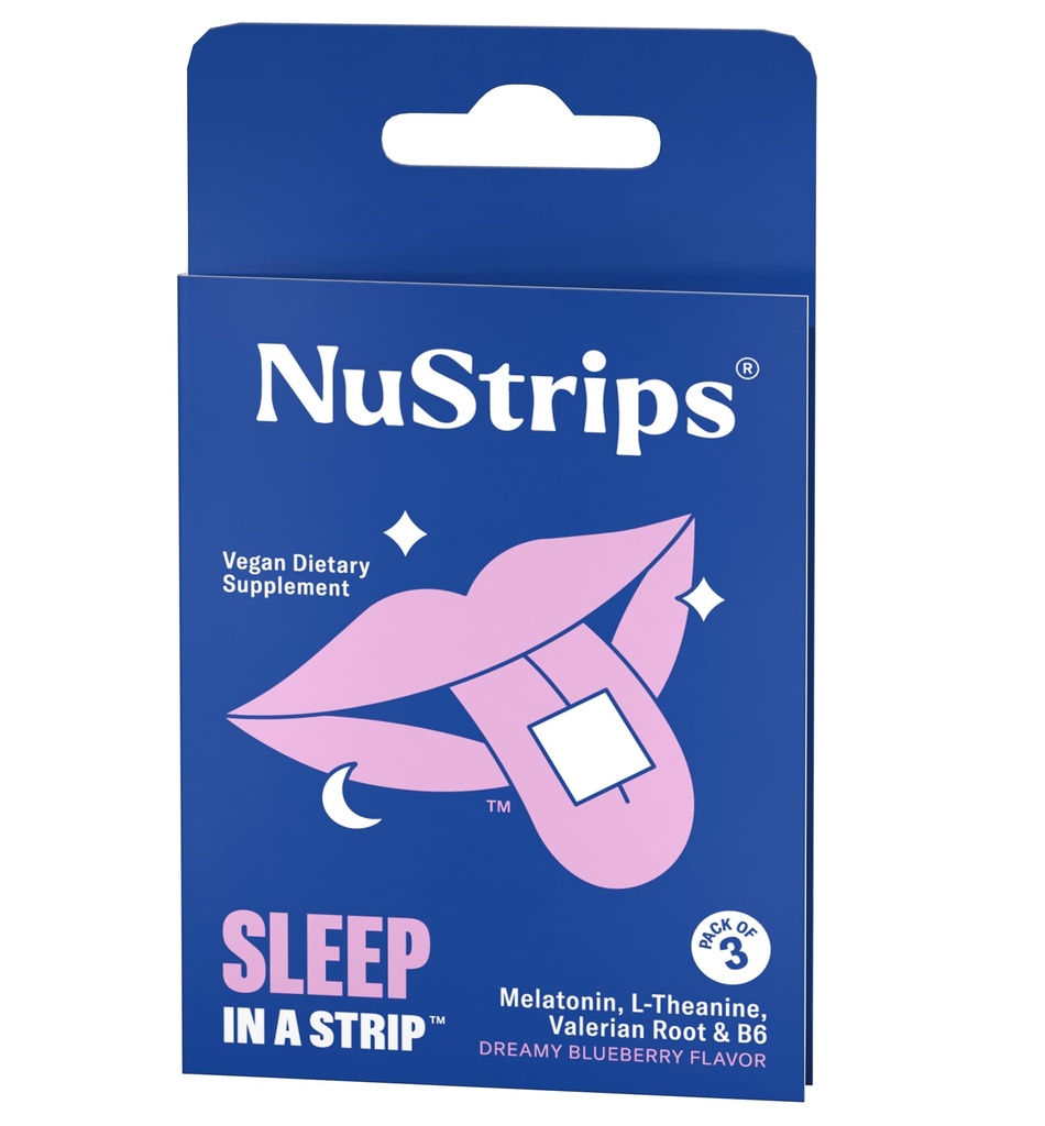 NuStrips™ Fast-Dissolving Sleep Strips with 5mg Melatonin, Valerian Root, L-Theanine & Vitamin B6 – Blueberry Flavor - Natural Sleep Aid, Vegan, Non-GMO, Gluten Free – Fall Asleep Fast (3 Strips)