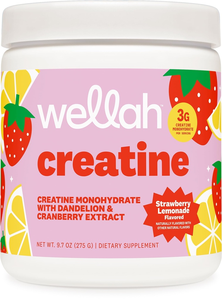 La créatine de Wellah pour les femmes - Monohydrate de créatine avec extrait de dandelion et canneberge (50 portions, citronnade de fraise)