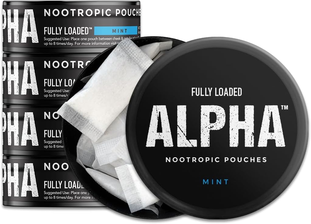 Voll geladen Alpha Nootropic Pouches (Mint) - 5 Dosen - 15 Beutel pro Dose - Effektive Nootropic Delivery, Nic Pouch Ersatz - Schnellere Absorption, Alpha GPC, L-Tyrosine, GABA
