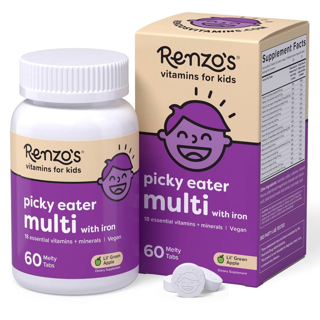 Renzo's Picky Eater Kids Multivitamin mit Eisen - Auflösbare Kinder Vitamine mit Eisen, Zink, Vitamin C, Vitamin D, E & K, Sugar-Free Melty Tabs, Green Apple Flavor, 60-Count (1-2 Month Supply)