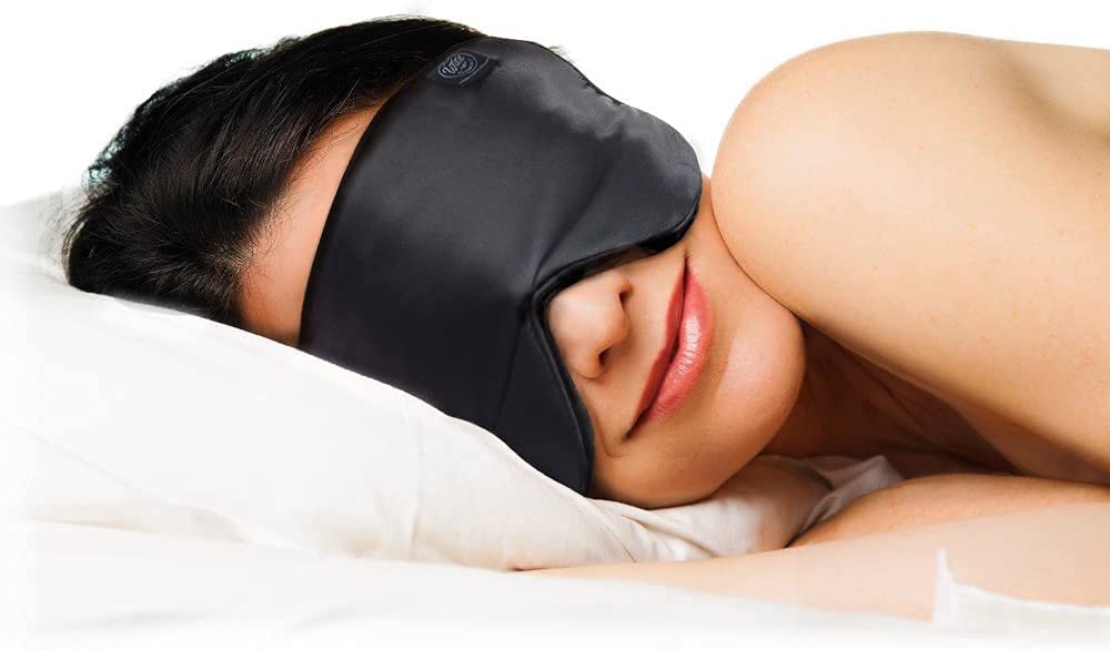 Dream Essentials Ultra Silk 360 Sleep Mask, Mulberry Silk Blindfold Eye Mask with 2 Fully Adjustable Straps, Thin Profile Night Mask Great for Side, Stomach, or Back Sleepers - Black