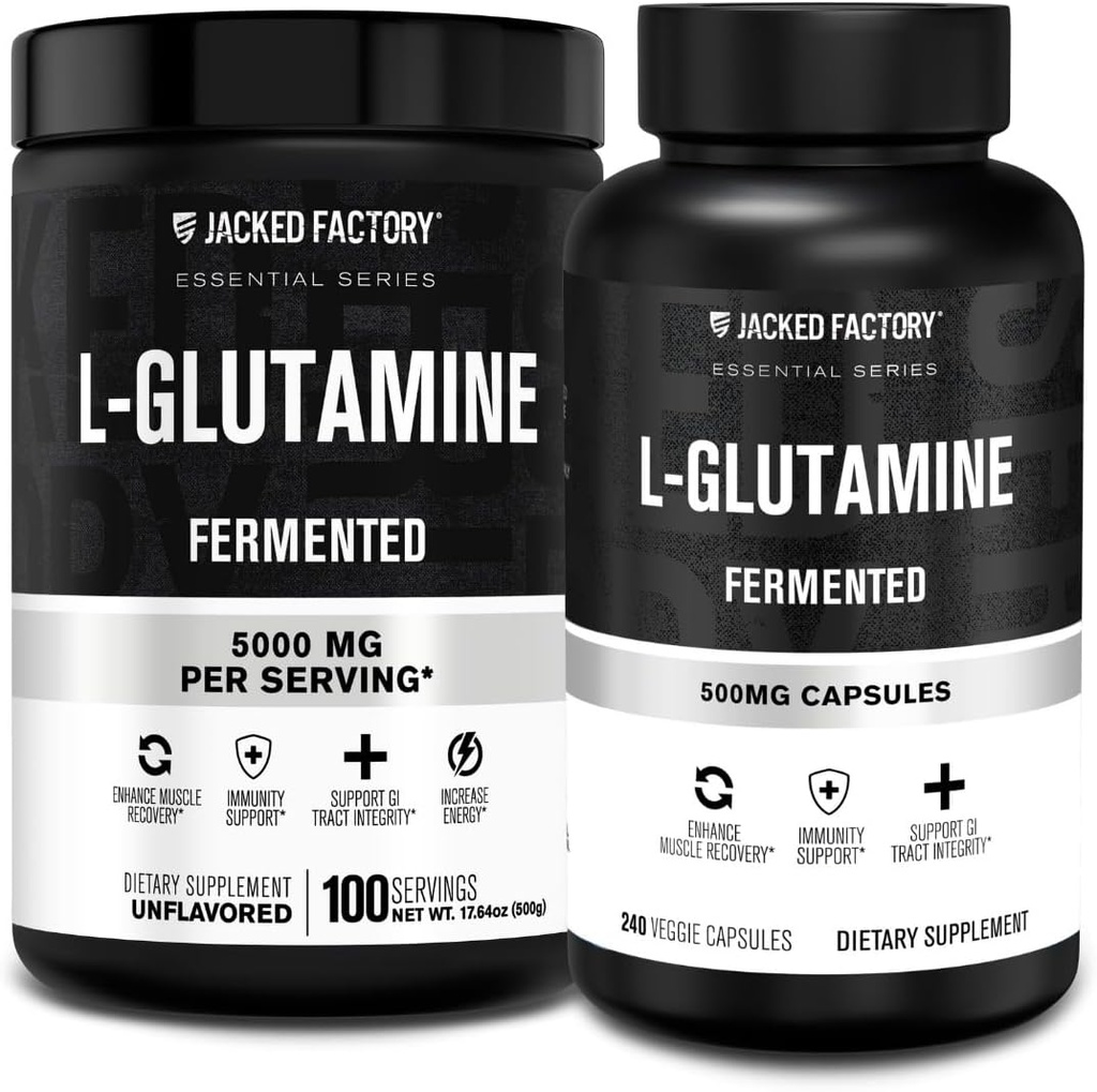 Jacked Factory L-Glutamin Pulver 100 Servierungen & L-Glutamin Kapseln 500mg (240 Kapseln) für Post Workout Muskel Erholung, Immunität, Verdauungsgesundheit