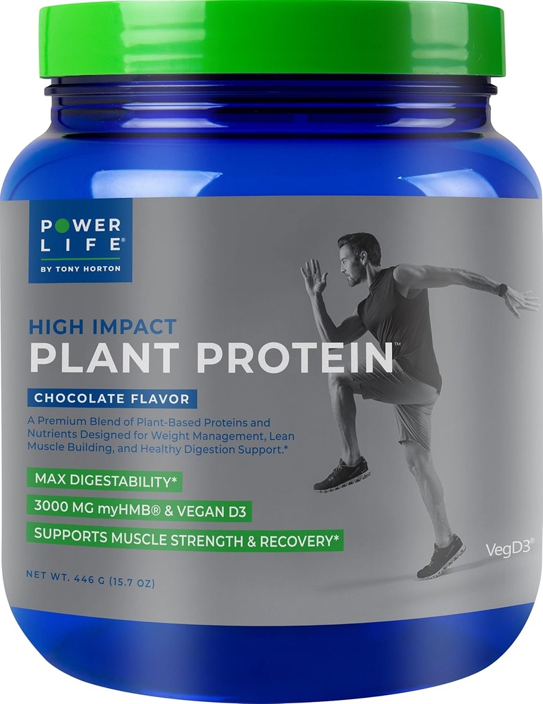 POWERLIFE Tony Horton High Impact Pflanzenproteinpulver mit 3000 MG von HMB, pflanzenbasiert, kein Zucker hinzugefügt, Vegan, Keto Friendly, Non-GMO (Chocolate)