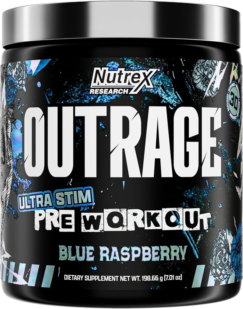 Outrage Ultra HIGH STIM Pre-Workout Powder for Men | 400mg Caffeine, L-Citrulline, Beta-Alanine, Creatine | Extreme Energy, Focus, Strength & Endurance (30 Servings, Blue Raspberry)