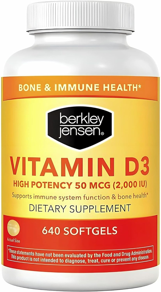 Berkley Jensen High Potency Vitamin D3 2000IU (50 mcg) (640 Softgels), Nahrungsergänzung für Zähne, Muskel, Immunfunktion und Knochengesundheit, für Männer und Frauen, Made in USA, 640 Day Supply