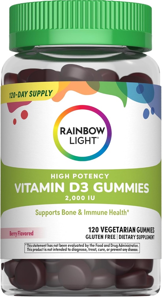 Regenbogen leichte Vitamin D Gummis, hohe Potenz Vitamin D3 2.000IU Immun-Gesundheitsunterstützung, unterstützt starke Knochen und Zähne, Glutenfrei, Vegan, Berry, 120 Gummis