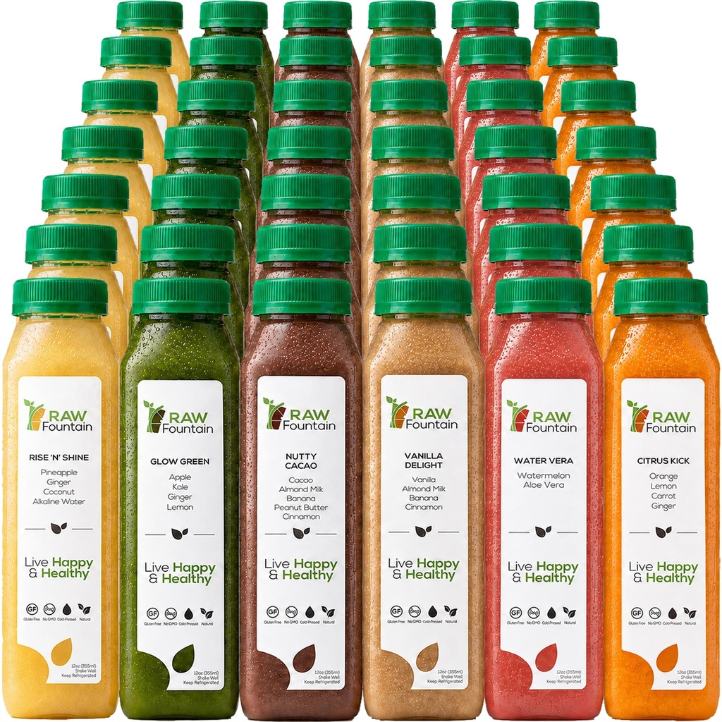 Nettoyez les jus de protéines 7 jours par la fontaine crue, tous les détox naturels, les fruits pressés à froid, légumes, vanille et saveur de chocolat, goût et énergie, 42 bouteilles 12oz, 3 coups de gingembre
