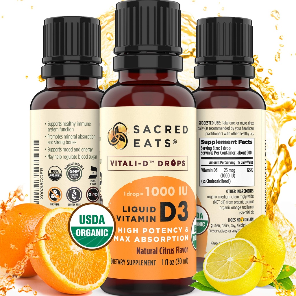 Les gouttes de vitamine D liquide biologique pour les enfants et les adultes, sans sucre. Facile à utiliser 1000 UI/Drop dans l'huile de noix de coco MCT. Supplément Max Absorption VIT D3. Grand goût (Citrus)