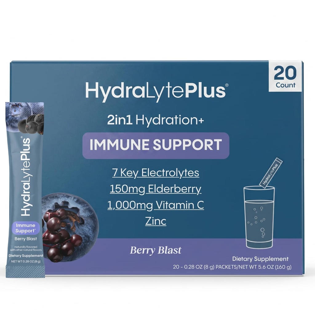 Hydralyte Elektrolyte Plus Immunität, Elderberry - Low Sugar Rapid Rehydration Powder - Leicht spritzende Elektrolyt-Pulver-Packets mit 1.000 mg Vitamin C und 300 mg Elderberry (8oz Serve, 20 Count)