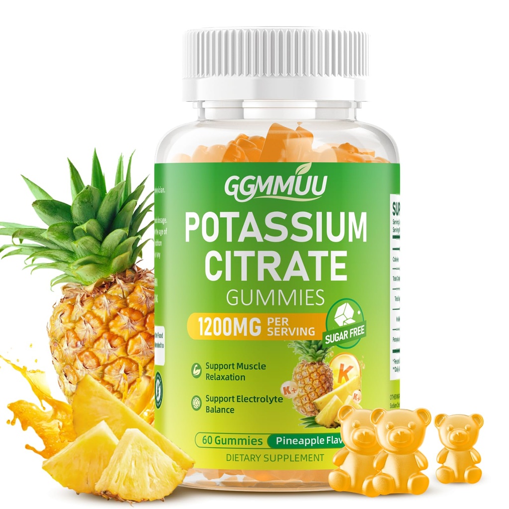 Potassium Citrate Gummies 1200mg, Chewable Potassium Supplement for Adults & Kids - Supports Muscle Health, Leg Cramps & Electrolyte Balance, Sugar-Free, Vegan, Pineapple Flavor, 60 Count