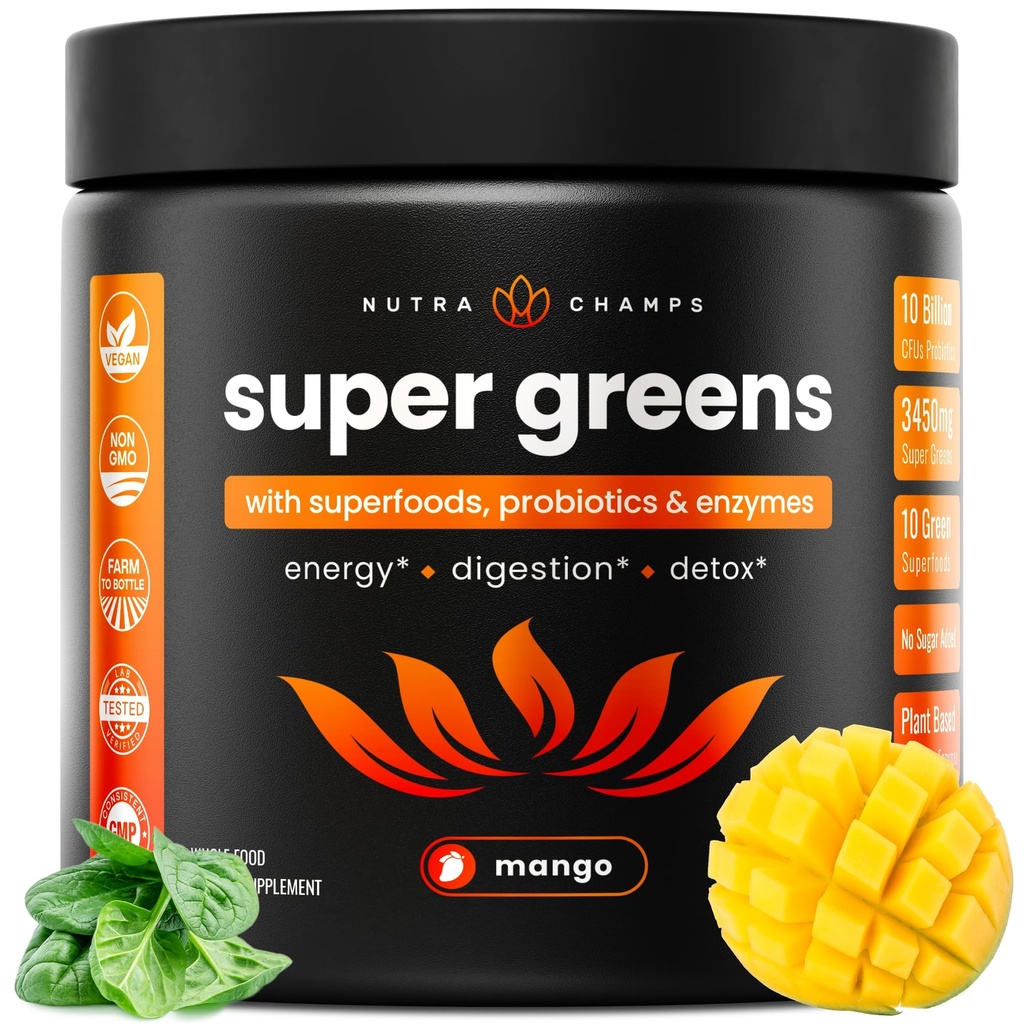 NutraChamps Super Greens Powder Premium Superfood | 20+ Organic Green Veggie Whole Foods | Weizengras, Spirulina, Chlorella | Antioxidant, Verdauungsenzym & Probiotic Blends (9.0 OZ, Mango)