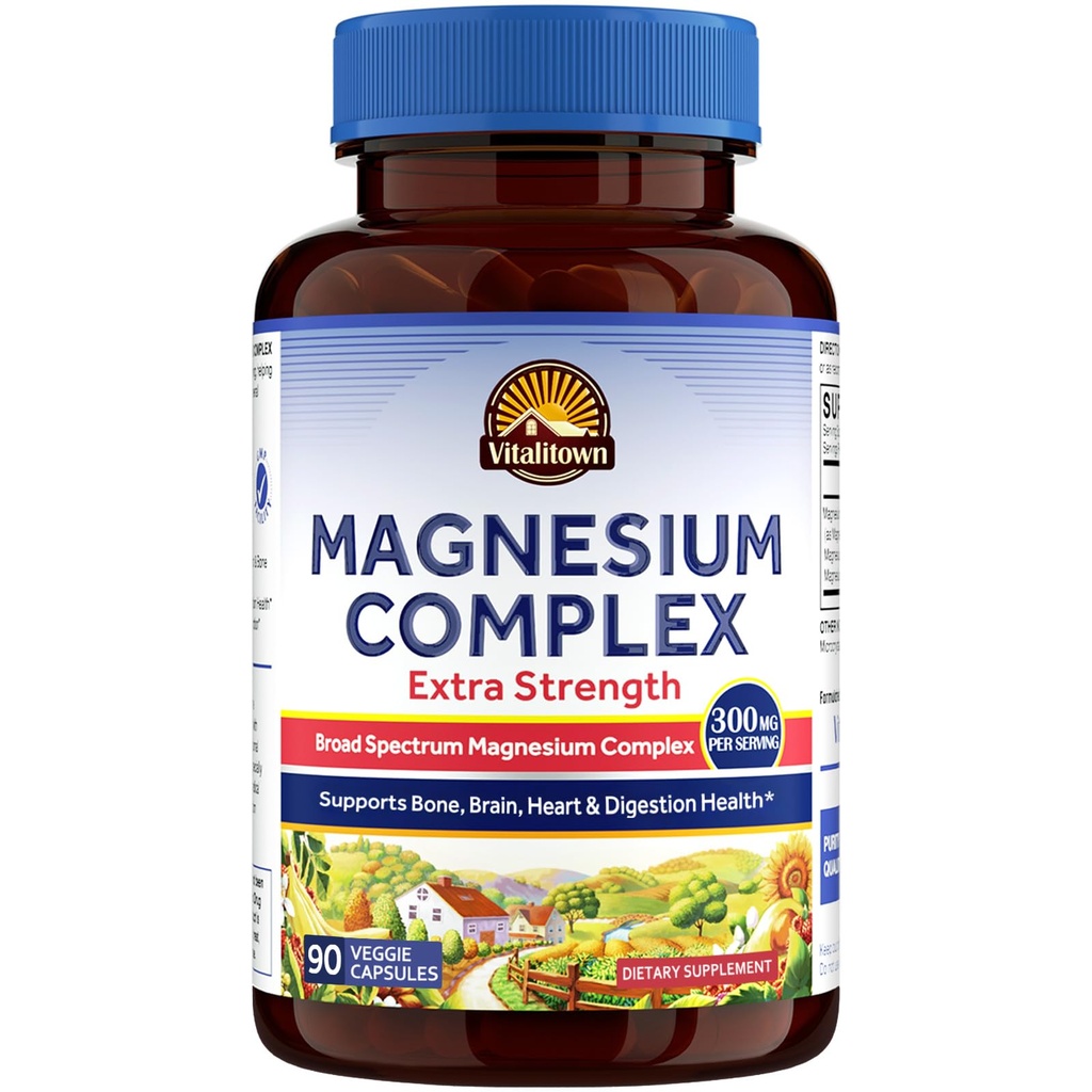 Vitalitown Magnesium Complex Supplement | 300mg Elemental Mag | Magnesium Citrate Glycinate Taurate Malate | Non-GMO, No Gluten, 90 Vegan Magnesio Kapseln für Knochen Gehirn Herz