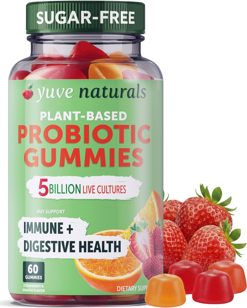 Yuve Natural Sugar Free Probiotic Gummies 5 Billion CFU, Helps with Constipation, Bloating & Leaky Gut - Vegan, Gluten-Free & Non-GMO - 60ct