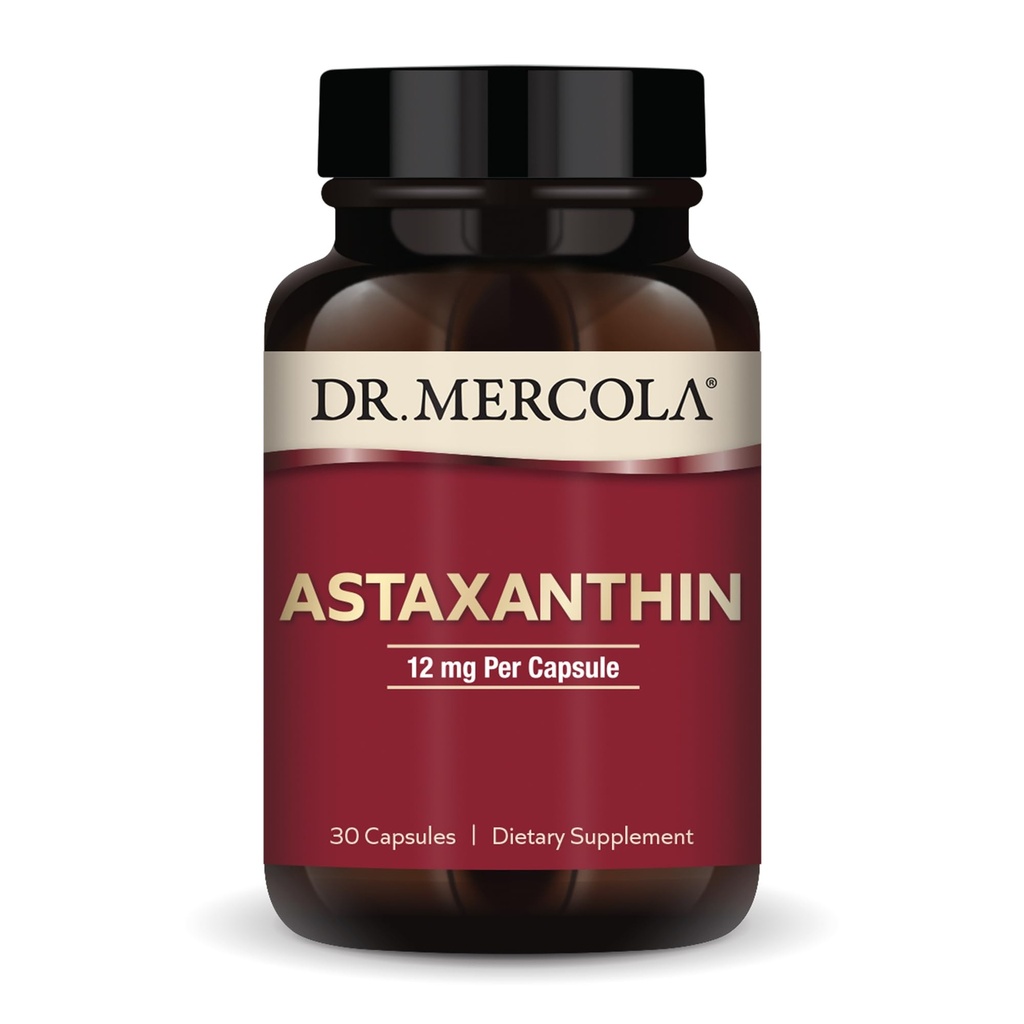 Dr Mercola Astaxanthine biologique - 12 mg Astaxanthine - Support puissant antioxydant - Extrait de microalgues organiques - Non-OGM, sans gluten et sans soja - 30 capsules (30 portions)