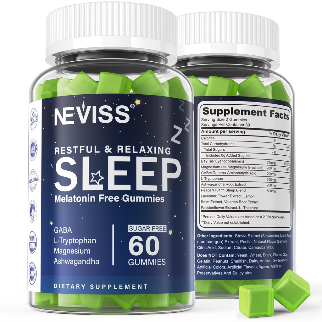 NEVISS Gommies sans mélatonine d'aide au sommeil pour les adultes - Magnésium Glycinat Gommies de GABA, L-Tryptophane, Magnésium, Ashwagandha - Non-Habit formant, Aide pour la relaxation profonde - Vegan, Lemon Flavor, 1Pack