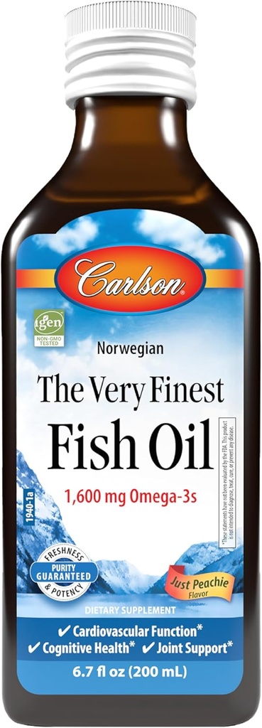 Carlson - L'huile de poisson la plus fine, 1600 mg Oméga-3s, supplément d'huile de poisson liquide, huile de poisson norvégienne, huile de poisson sauvage, huile de poisson d'origine durable, juste Peachie, 200 mL (6,7 Fl Oz)