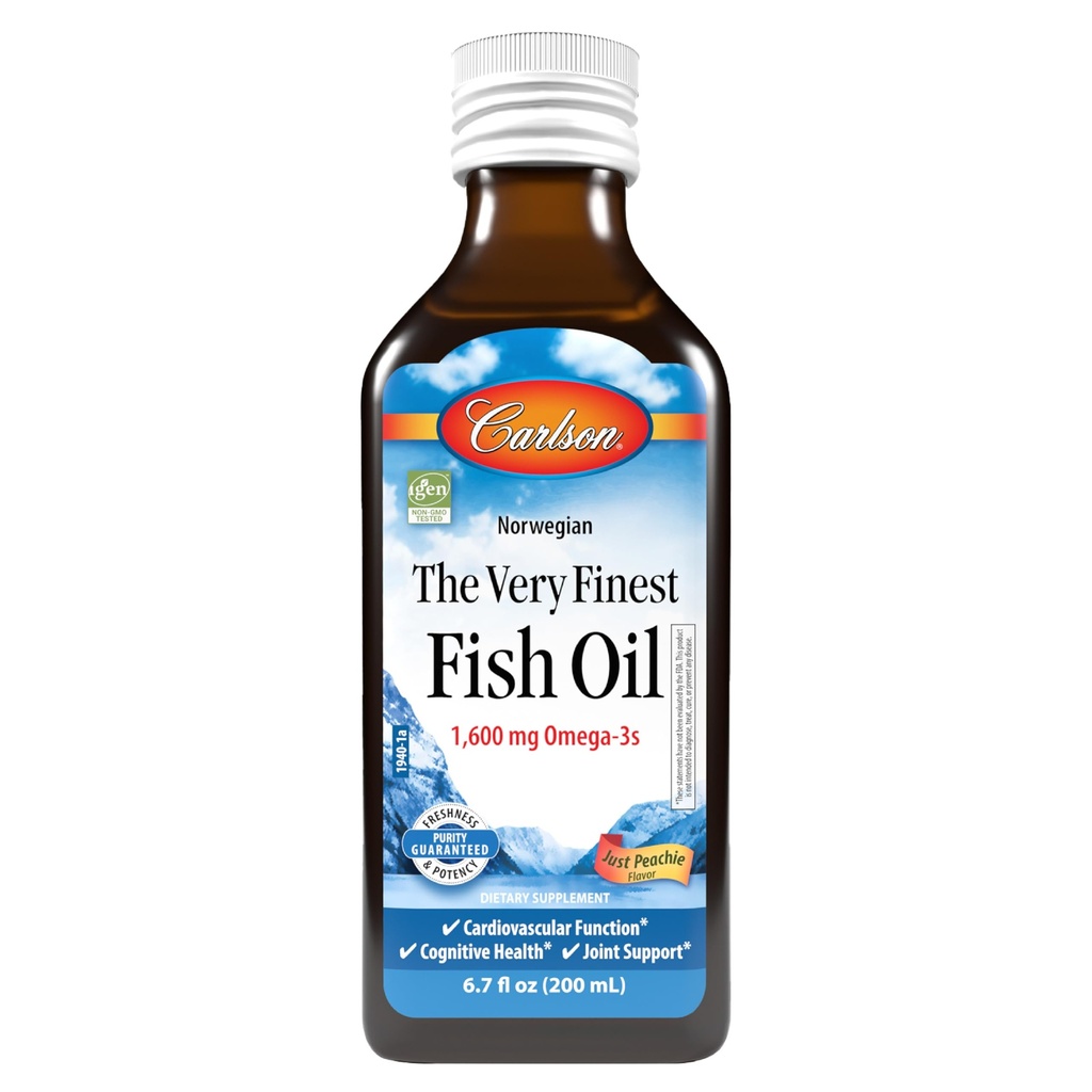 Carlson - The Very Finest Fish Oil, 1600 mg Omega-3s, Liquid Fish Oil Supplement, Norwegian Fish Oil, Wild-Caught, Sustainable Sourced Fish Oil Liquid, Just Peachie, 200 mL (6.7 Fl Oz)