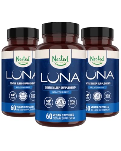 Nested Naturals Luna Melatonin Free, Non-Habit Forming Herbal Sleep Supplement w/Camomile, Valérien, L-Theanine, 180 Capsules Vegan (60 Capsules par bouteille)