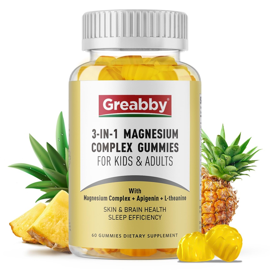Triple Magnesium Complex Gummis - 800mg Magnesium Glycinat & Citrat, Apigenin & L-Theanin, für Kinder & Erwachsene, Natürliche Asleep & Muskelkramps (60 Count)