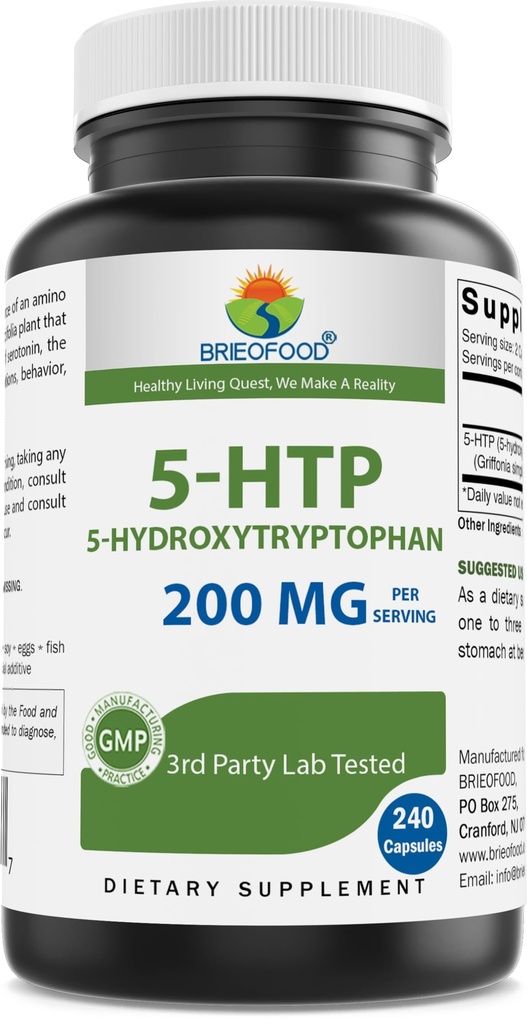 Brieofood 5-HTP 200mg par portion - 240 Capsules - 5-Hydroxytryptophane pour une détente saine - Testé en laboratoire 3ème