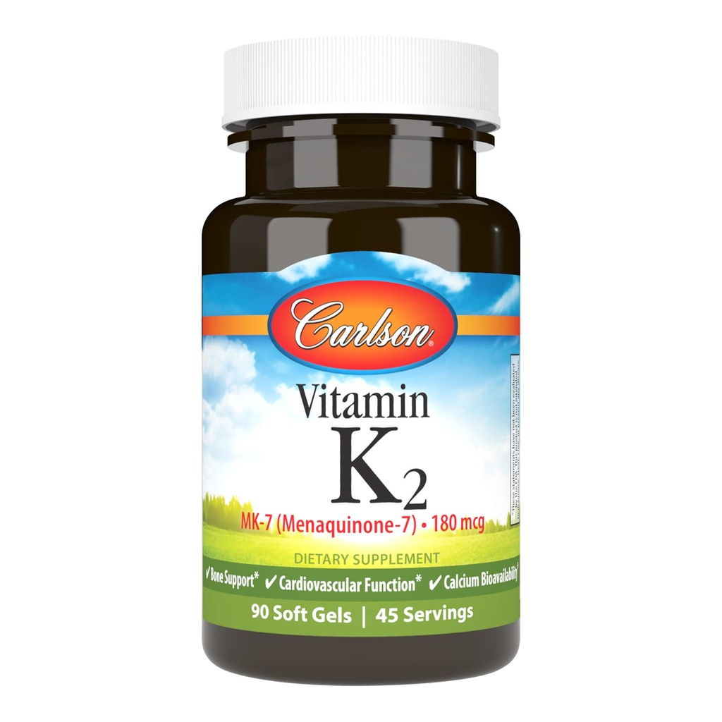 Carlson - Vitamin K2 MK-7 (Menaquinone), 180 mcg, Knochenunterstützung, Calcium Bioverfügbarkeit, K2 Vitamin, Vitamin K-2, 90 Softgels