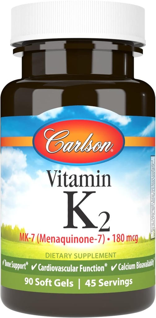 Carlson - Vitamin K2 MK-7 (Menaquinone), 180 mcg, Knochenunterstützung, Calcium Bioverfügbarkeit, K2 Vitamin, Vitamin K-2, 90 Softgels