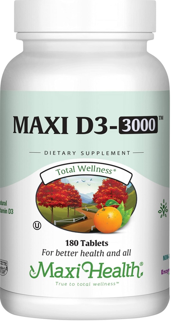 Maxi Santé Vitamine D3 3000 UI 75 mcg Supplément Vitamine D pour les os sains, les dents, le soutien immunitaire - Supplément VIT D3 Facile à avaler Non-OGM, Supplément pour les hommes et les femmes – Casher (180 comprimés)