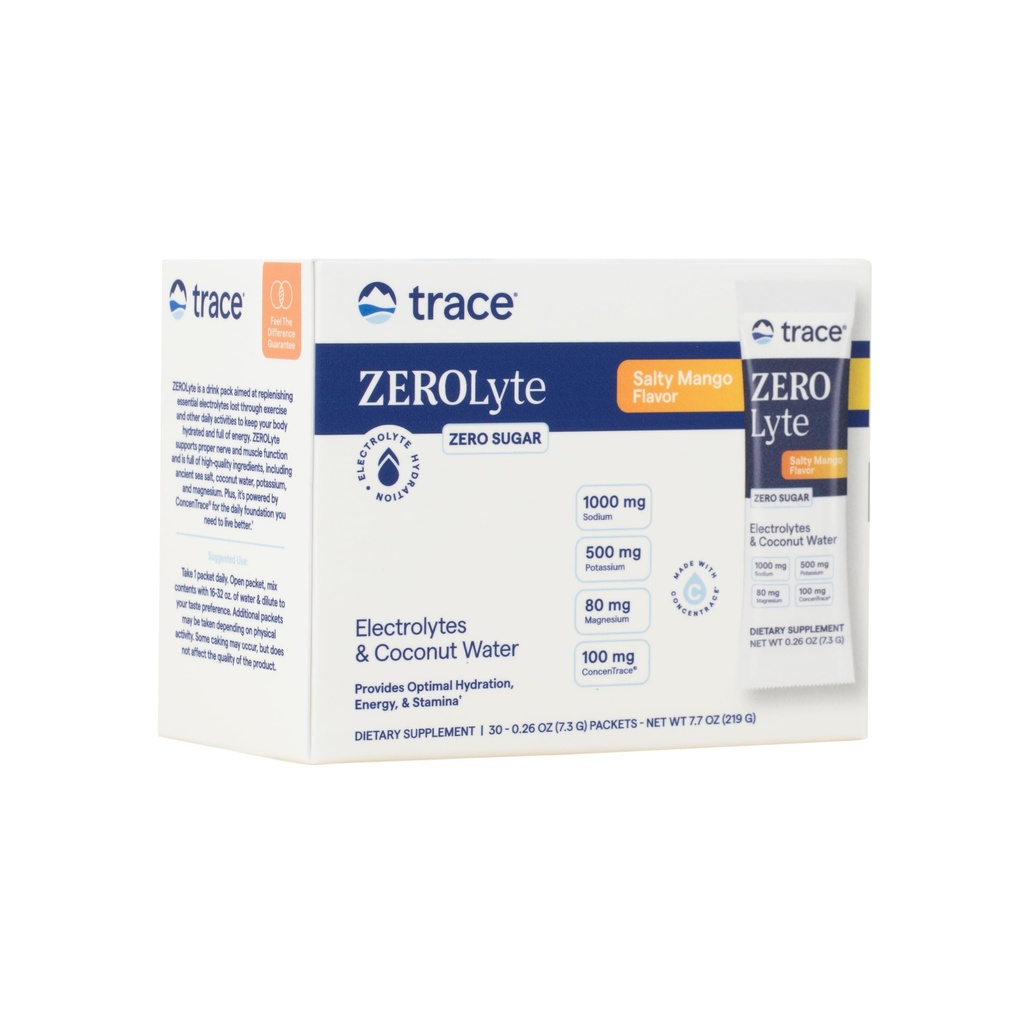 Trace Minerals ZeroLyte - Boisson Mélange Poudre Supporte Hydratation et Énergie - Aide Fonction Nerve et Muscle Santé - Soutien Santé du coeur et de la digestion - Mangue salée, 30 Packets (30 portions)