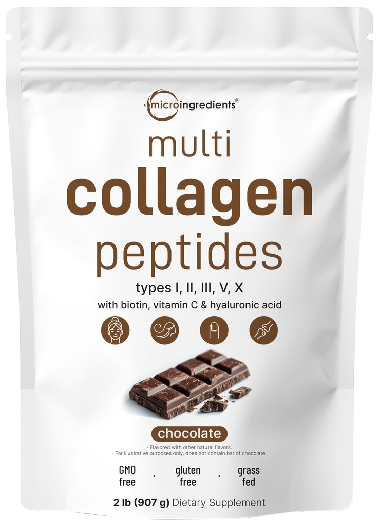 Micro-ingrédients Poudre de Peptides Multi Collagène, 2lb, Type I, II, III, V, X + Biotine, Vitamine C & Acide Hyaluronique