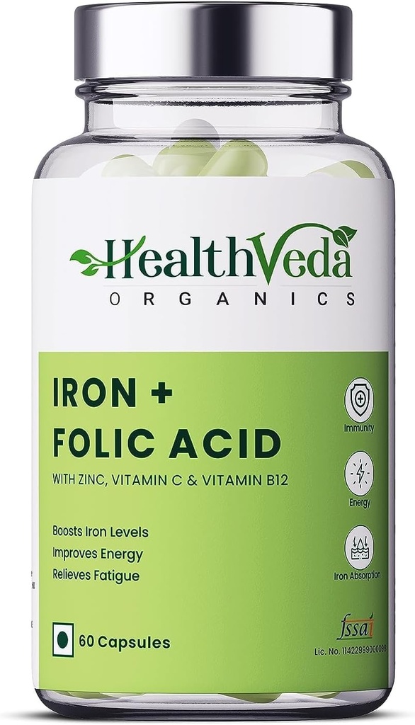 Iron + Folic Acid Supplement with Zinc, Vitamin C & Vitamin B12 | 60 Veg Capsules | Supports,Immunity and Energy | Enhances Iron Absorption| for Both Men & Women