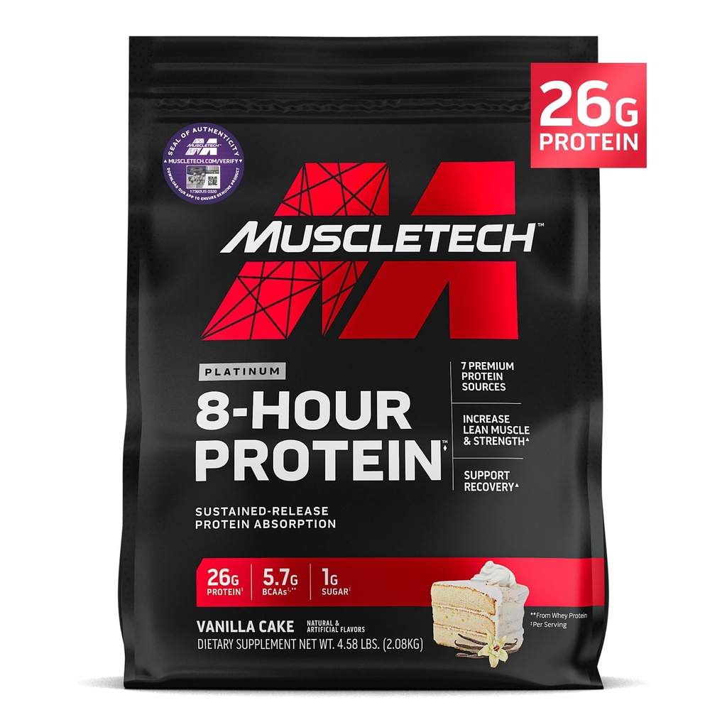 MuscleTech Platinum poudre de protéines 8 heures - 7 sources de protéines premium avec lactosérum et la protéine de caséine pour augmenter le poids musculaire, la force et l'amélioration de la récupération - Cake Vanilla, 50 portions