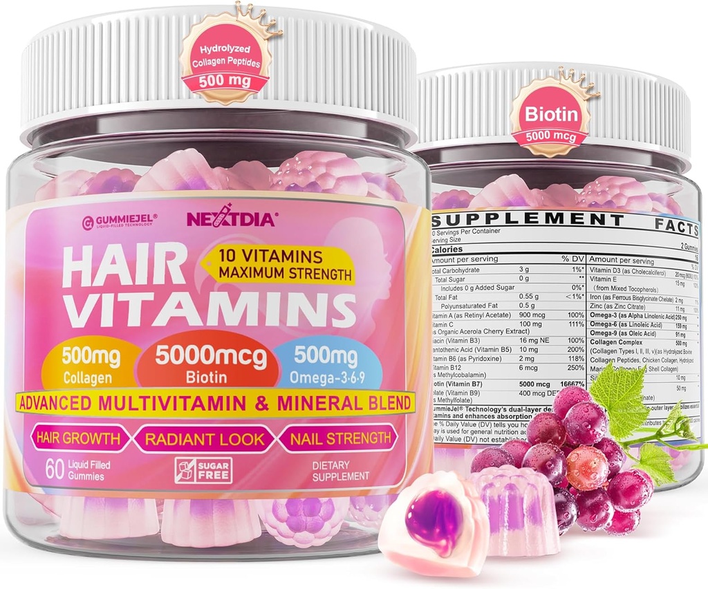 Haarwachstum Vitamine Flüssig-Filled-Gummien - Biotin 5000mcg, hydrolysierte Collagen Peptide, Omega 3-6-9, Hyaluronsäure, Methylfolat, Methylcobalamin -Gesundes Haar, Haut und Nägel Beilage für Frauen