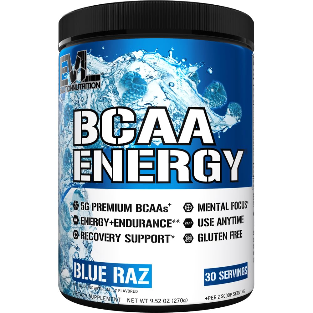 EVL BCAAs Amino Acids Powder - BCAA Energy Pre Workout Poudre pour la récupération musculaire Plongeons croissance et endurance - Réhydratation après la récupération d'entraînement boisson avec caféine naturelle - Raz bleu