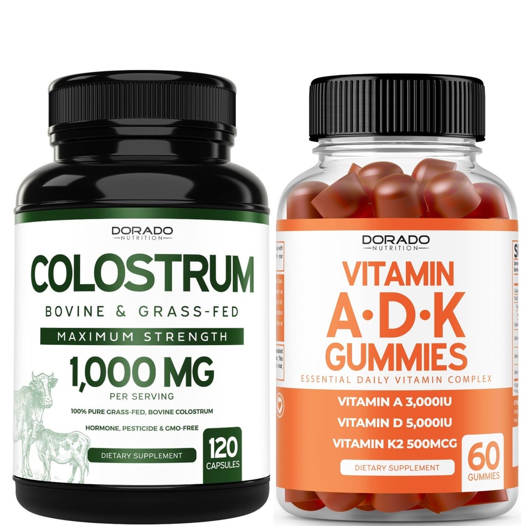 Colostrum (120 Count) Bovine Colostrum Kapseln Ergänzung für Erwachsene und ADK Vitamin D3 (60 Gummi) D & K - 10 Vegan Ergänzung - Delicious Raspberry Flavor - Non GMO Third Party Getestet - USA Made
