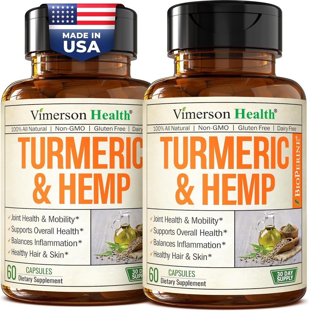Kurkuma-Ergänzung mit Hemp Seeds & Lemon Balm Extract – Joint Health & Mobility – Calm Mood & Restful Sleep – mit schwarzem Pfeffer für Absorption – Joint Supplement für Männer & Frauen - 2 Pack