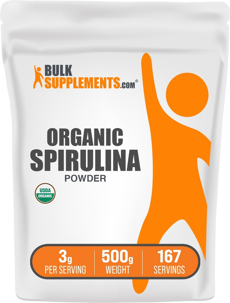 BulkSupplements.com Poudre de spiruline biologique - Superfood, poudre de spiruline verte, supplément à base de plantes - Vegan-Amis, 3g par portion, 500g (1,1 lb) (paquet de 1)