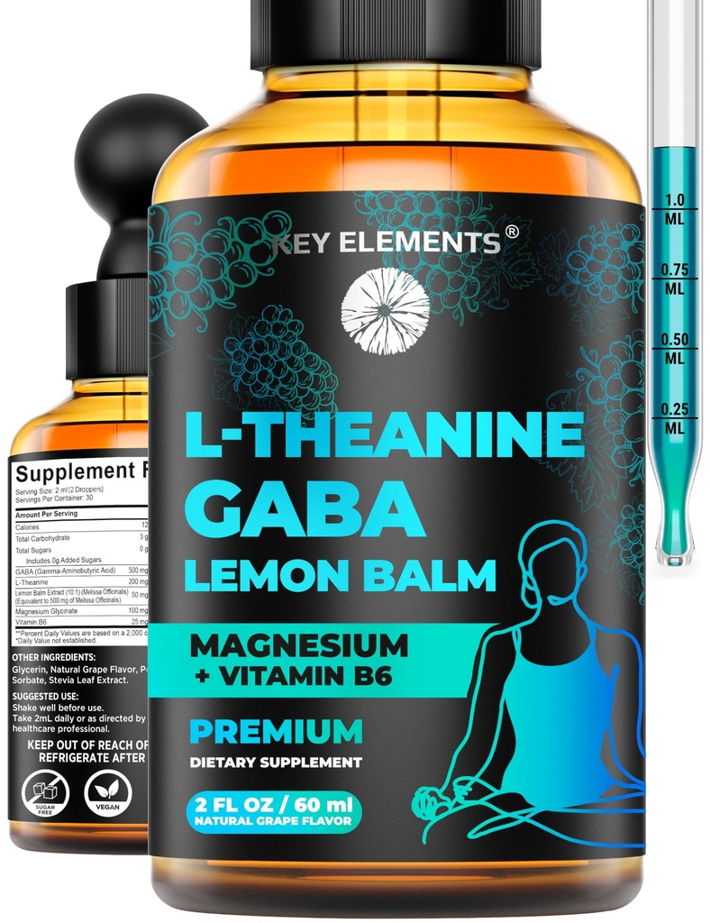 KEY ELEMENTS Liquid GABA with L Theanine Supplement | GABA 500mg and L-Theanine 200mg with Lemon Balm Extract and Magnesium with Vitamin B6