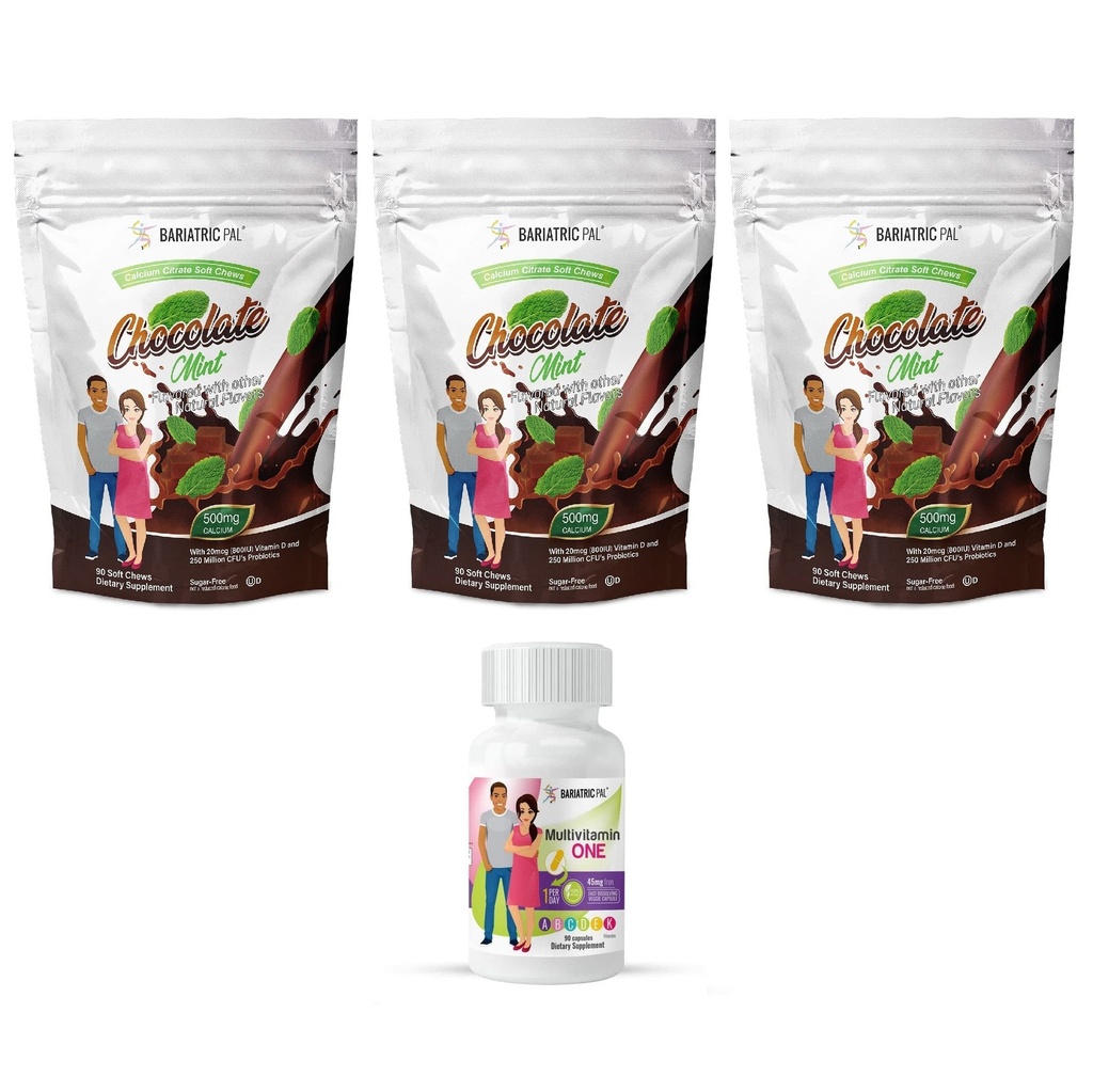 BariatricPal 90-Day Bariatric Vitamin Bundle (Multivitamin ONE 1 pro Tag! Kapsel mit 45mg Eisen und Kalzium Citrat Weichkäse 500mg mit Probiotika - Schokoladenminze)