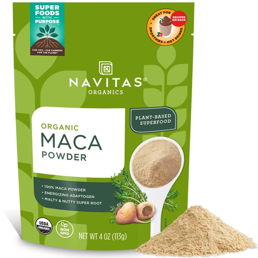 Navitas Organics Maca Powder – 100% Gelatinisierter peruanischen Maca für Adaptogen-Smoothies, Lattes, Baking & More – Energize & Balance - USDA Organic, Non GMO, Vegan, Glutenfrei (4oz. Tasche, 23 Servietten)