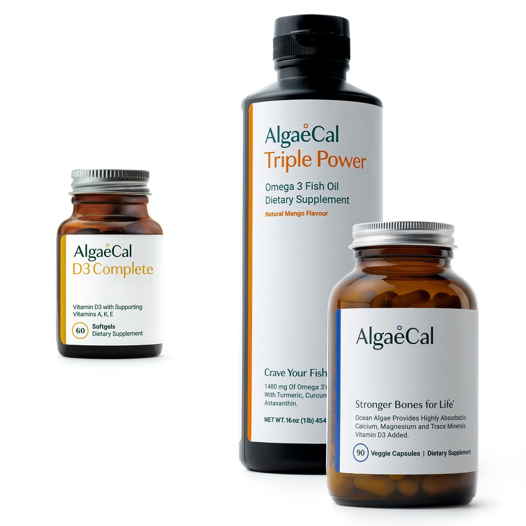 Ensemble ALGAECAL - D3 (1000 UI) + K2, Vitamine E, Vitamine A (1000 UI) et Calcium végétal pour le soutien des os et Omega 3 avec 1200mg EPA DHA